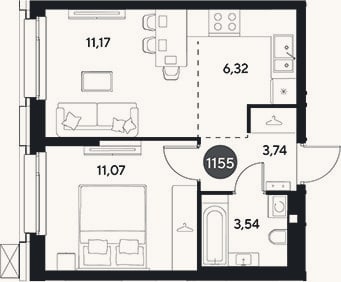 Планировка: 2-к, 35,8 м²