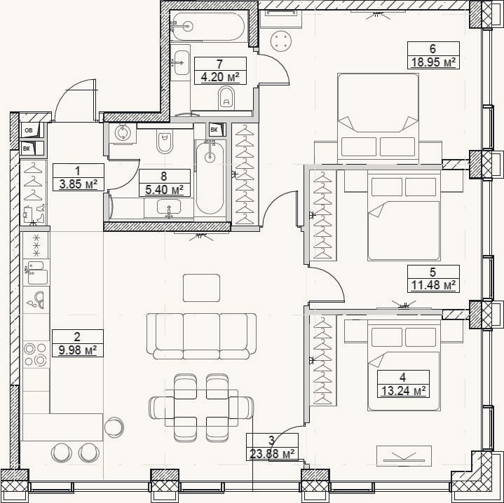 Планировка: 4+ к, 91 м²