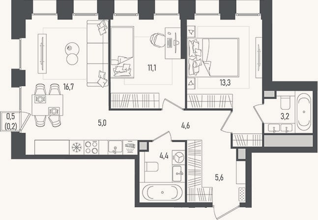 Планировка: 3-к, 63,9 м²