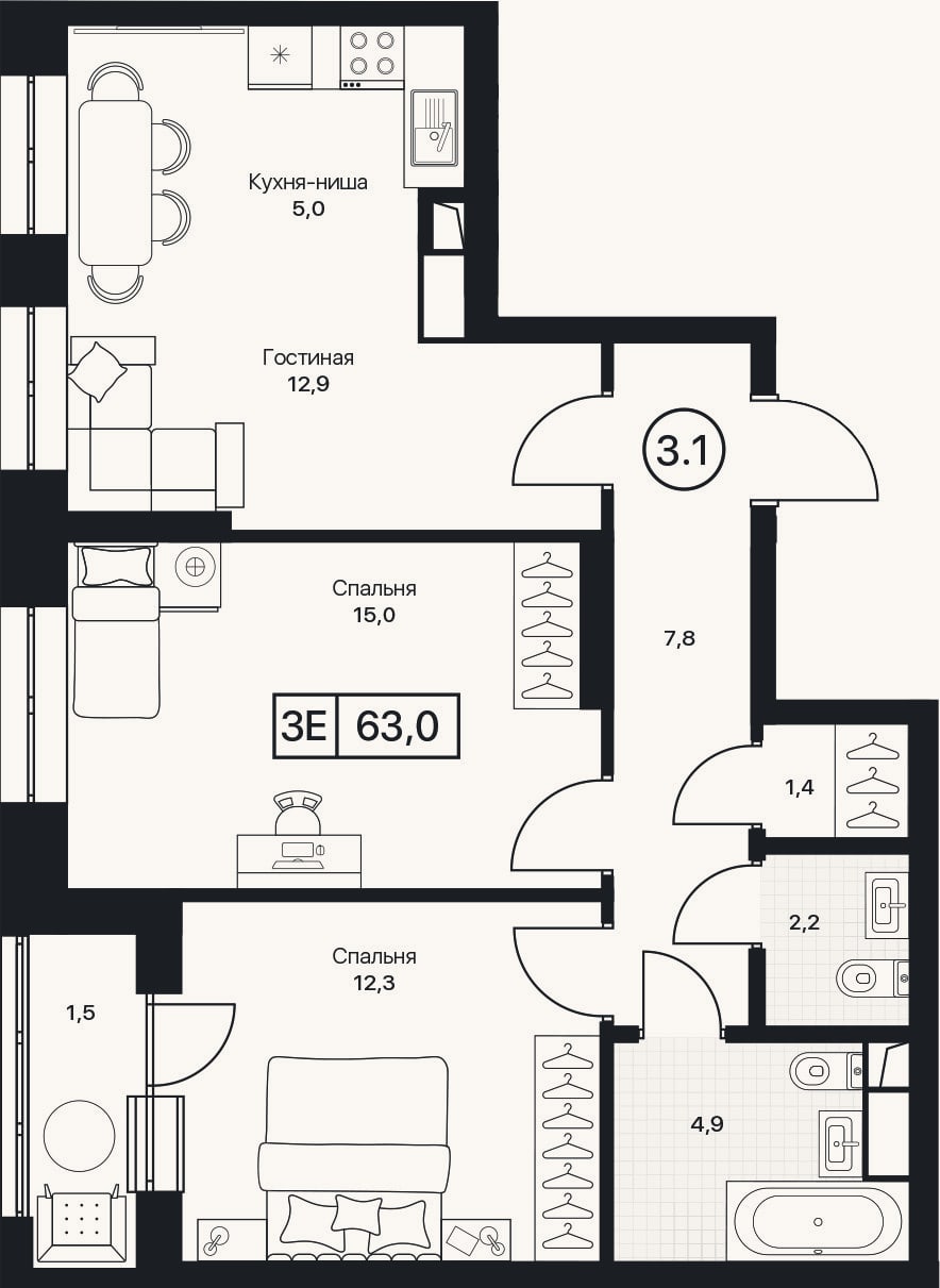 Планировка: 3-к, 61,5 м²