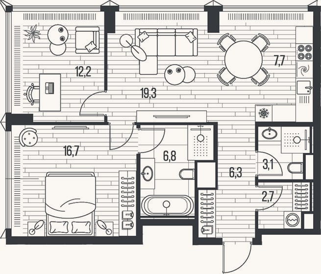 Планировка: 3-к, 74,8 м²