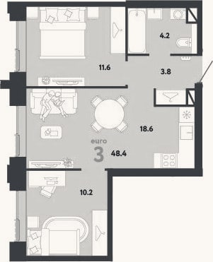 Планировка: 3-к, 48,4 м²