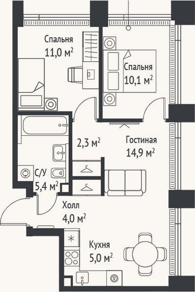 Планировка: 3-к, 52,7 м²