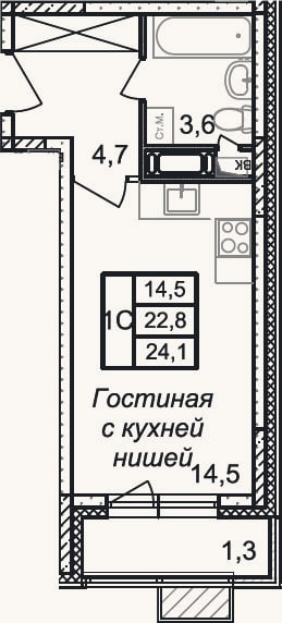 Планировка: Студия, 22,8 м²