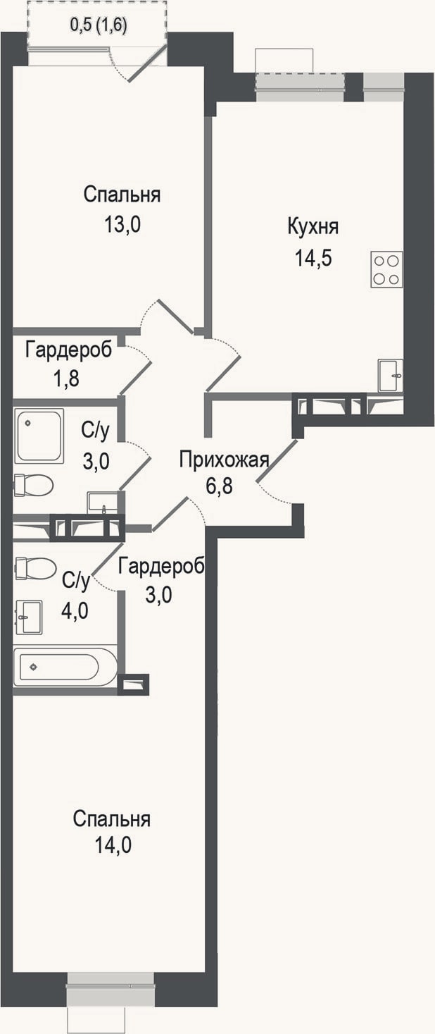 Планировка: 2-к, 60,1 м²