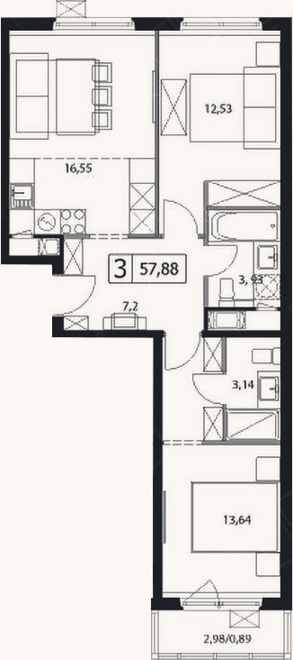 Планировка: 3-к, 57 м²