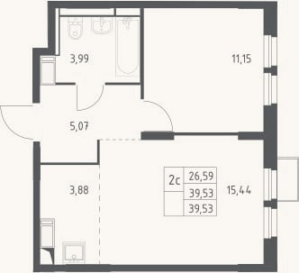 Планировка: 2-к, 39,5 м²