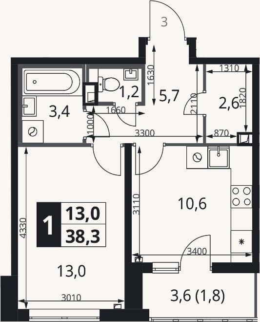 Планировка: 1-к, 36,5 м²