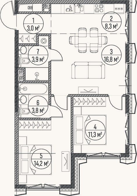 Планировка: 3-к, 61,3 м²