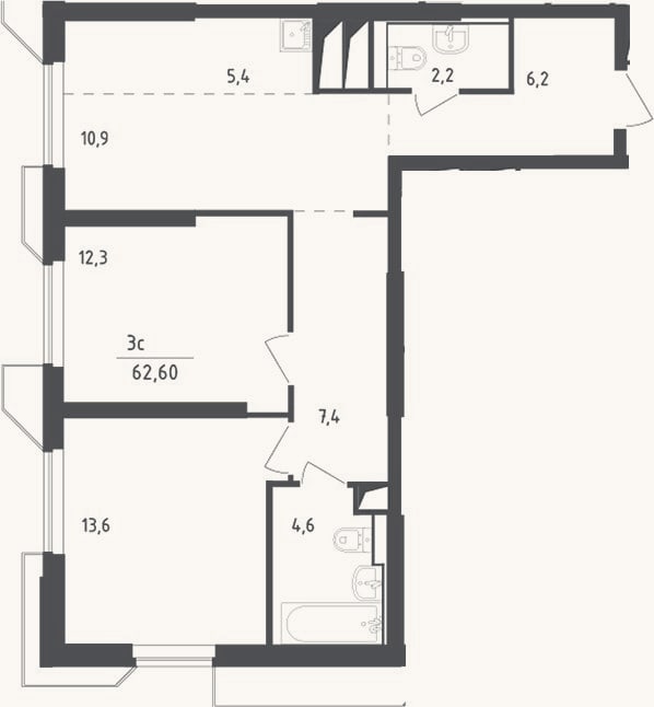 Планировка: 3-к, 62,6 м²