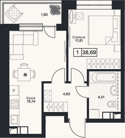 Планировка: 1-к, 36,9 м²