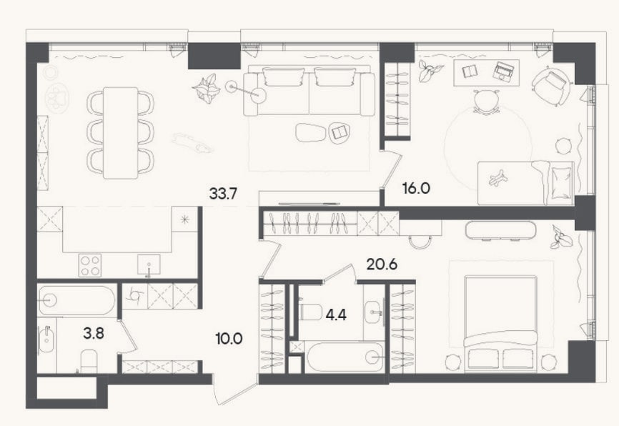 Планировка: 3-к, 88,5 м²