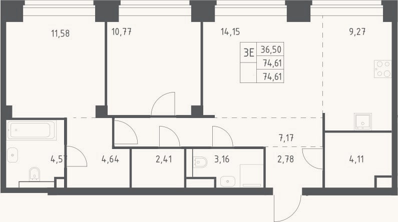 Планировка: 3-к, 74,6 м²