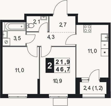 Планировка: 2-к, 45,5 м²