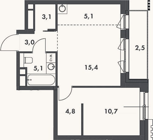 Планировка: 2-к, 47,2 м²
