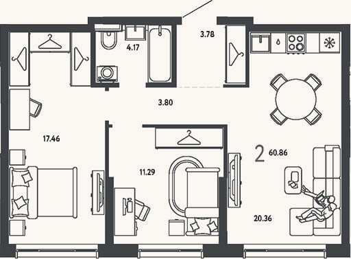 Планировка: 2-к, 60,9 м²