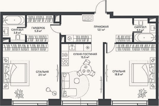 Планировка: 3-к, 80,5 м²