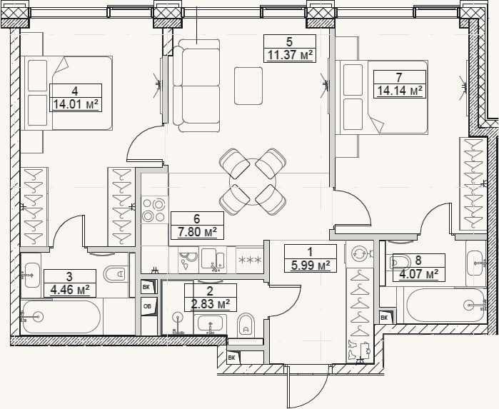 Планировка: 3-к, 64,7 м²