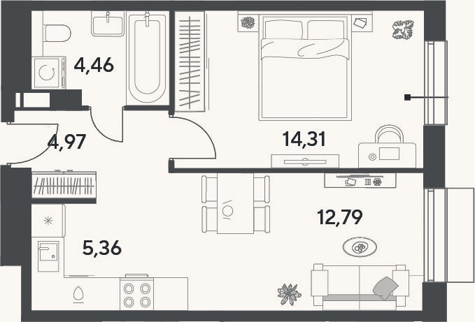 Планировка: 2-к, 41,9 м²