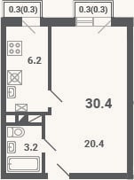 Планировка: 1-к, 29,8 м²