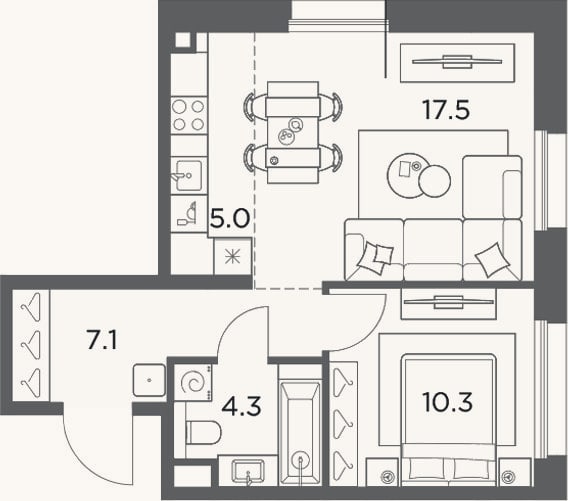 Планировка: 2-к, 44,2 м²