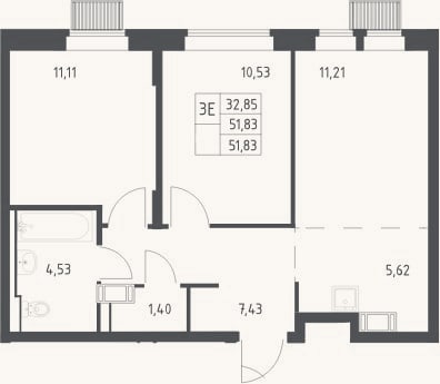 Планировка: 3-к, 51,8 м²