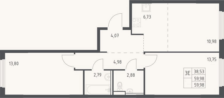 Планировка: 3-к, 60 м²