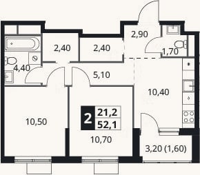 Планировка: 2-к, 50,5 м²
