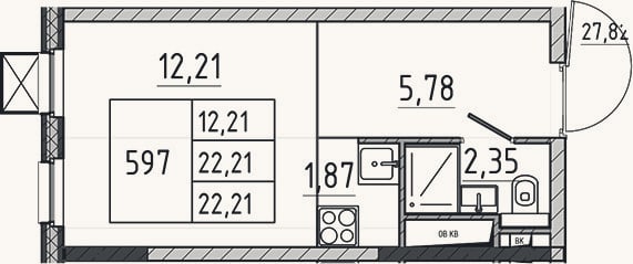 Планировка: Студия, 22,2 м²