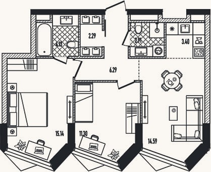 Планировка: 3-к, 60,1 м²