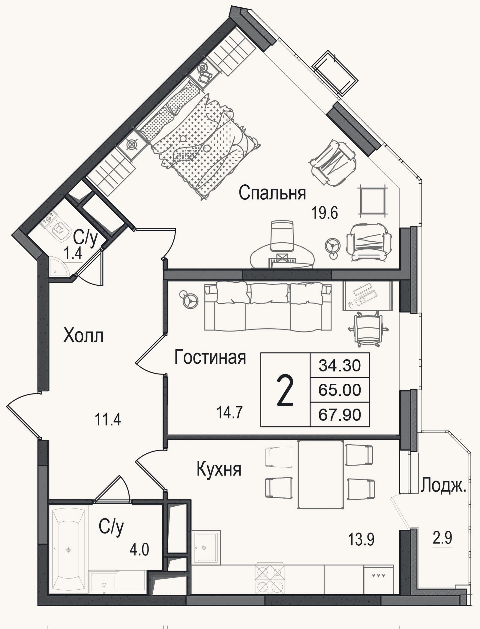 Планировка: 2-к, 65,9 м²