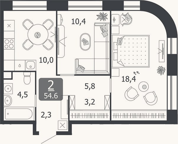 Планировка: 2-к, 54,6 м²