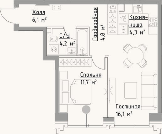Планировка: 2-к, 47,2 м²