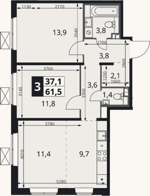 Планировка: 3-к, 61,5 м²