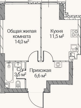 Планировка: 1-к, 35,6 м²