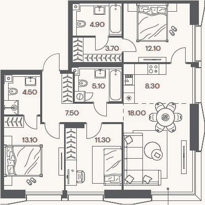 Планировка: 4+ к, 88,5 м²