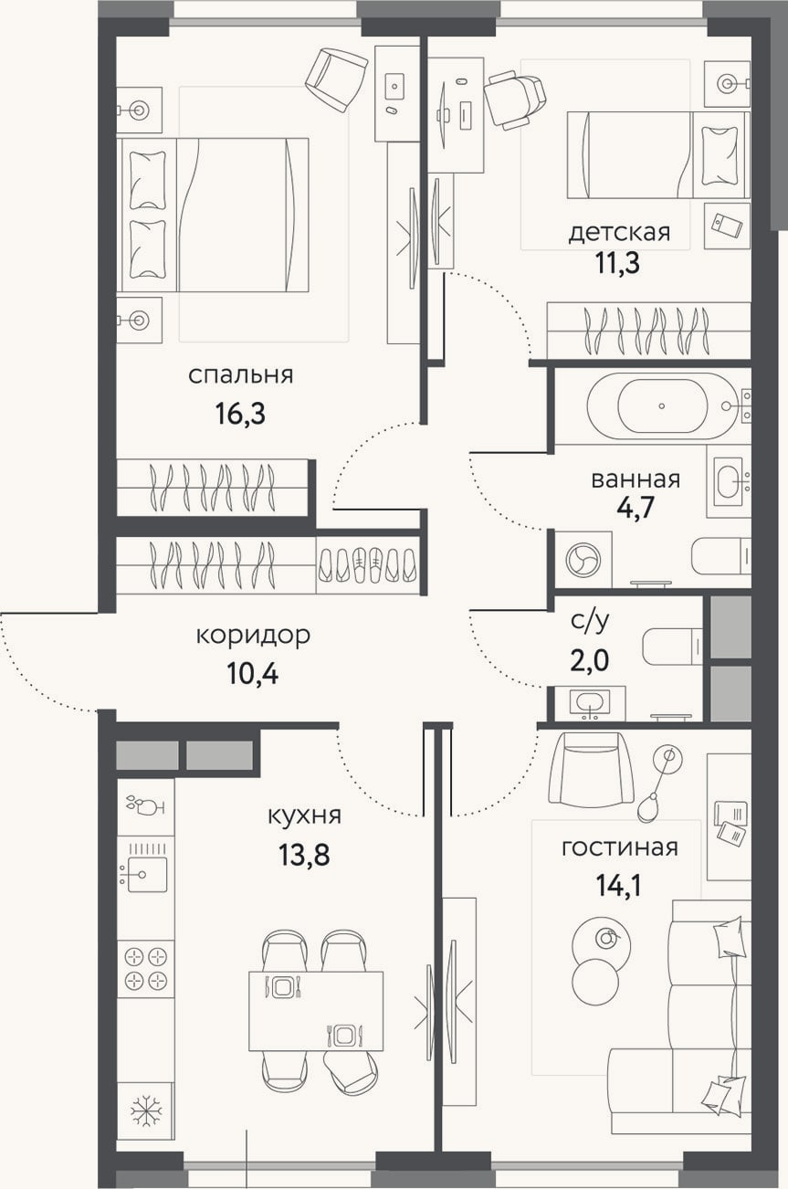 Планировка: 3-к, 72,6 м²