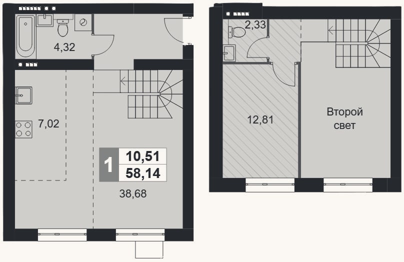 Планировка: 1-к, 58,1 м²