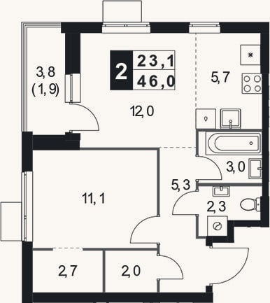 Планировка: 2-к, 44,1 м²