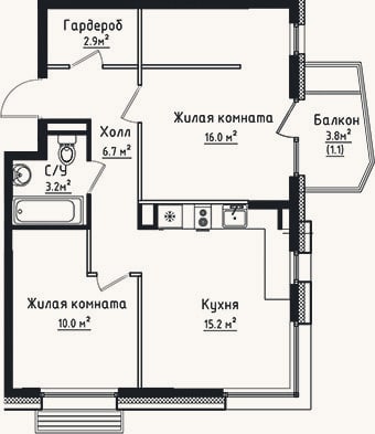 Планировка: 2-к, 54 м²