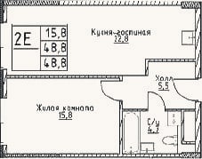 Планировка: 2-к, 48,8 м²