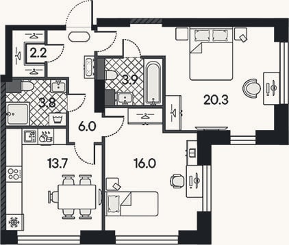 Планировка: 2-к, 65,9 м²