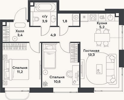 Планировка: 3-к, 54,3 м²