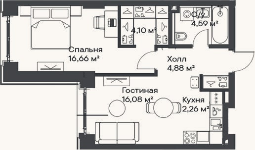 Планировка: 2-к, 48,6 м²