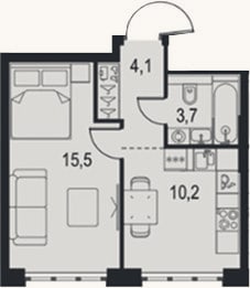 Планировка: 1-к, 33,5 м²