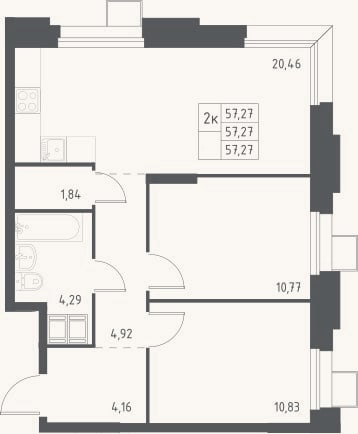 Планировка: 3-к, 57,3 м²