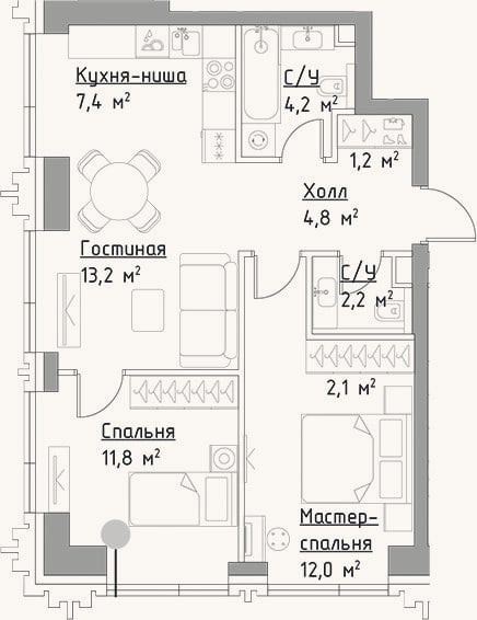 Планировка: 3-к, 58,9 м²