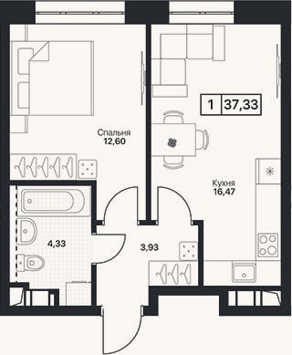 Планировка: 1-к, 37,3 м²