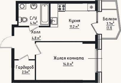 Планировка: 1-к, 36,6 м²