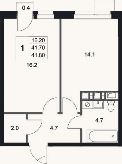 Планировка: 1-к, 41,7 м²